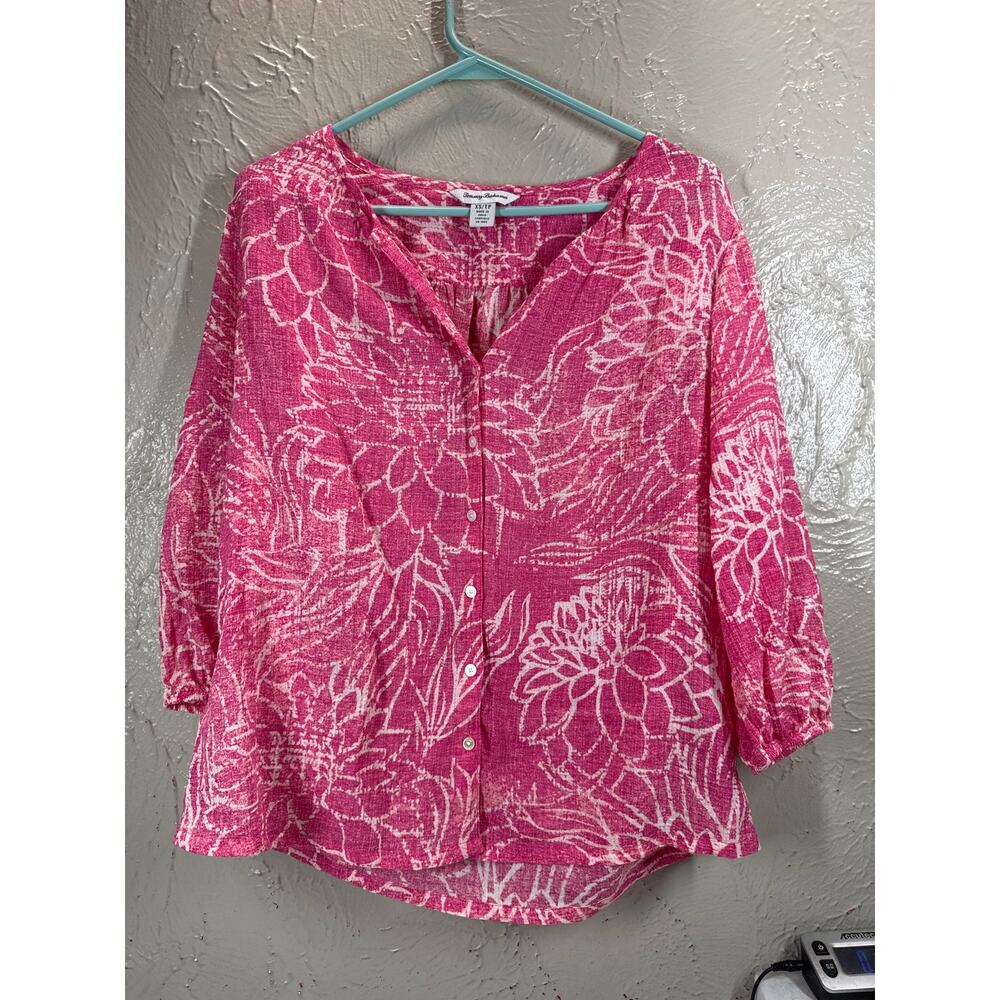 Tommy Bahama Women's Casual Button Down 3/4‎ Sleeve Shirt Peonies Pink Size XS
